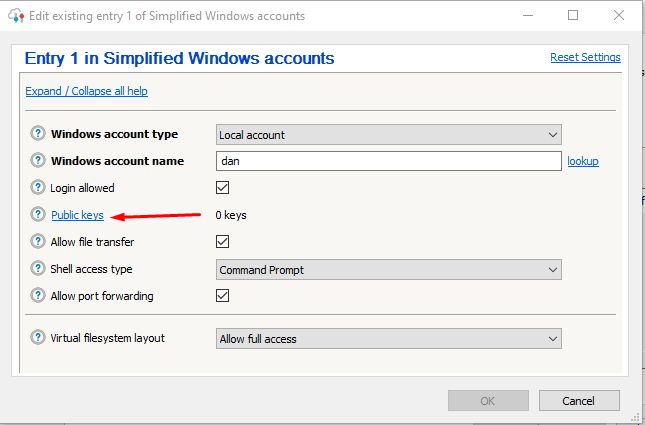 a picture of the windows accounts edit dialogue, pointing out the keys link